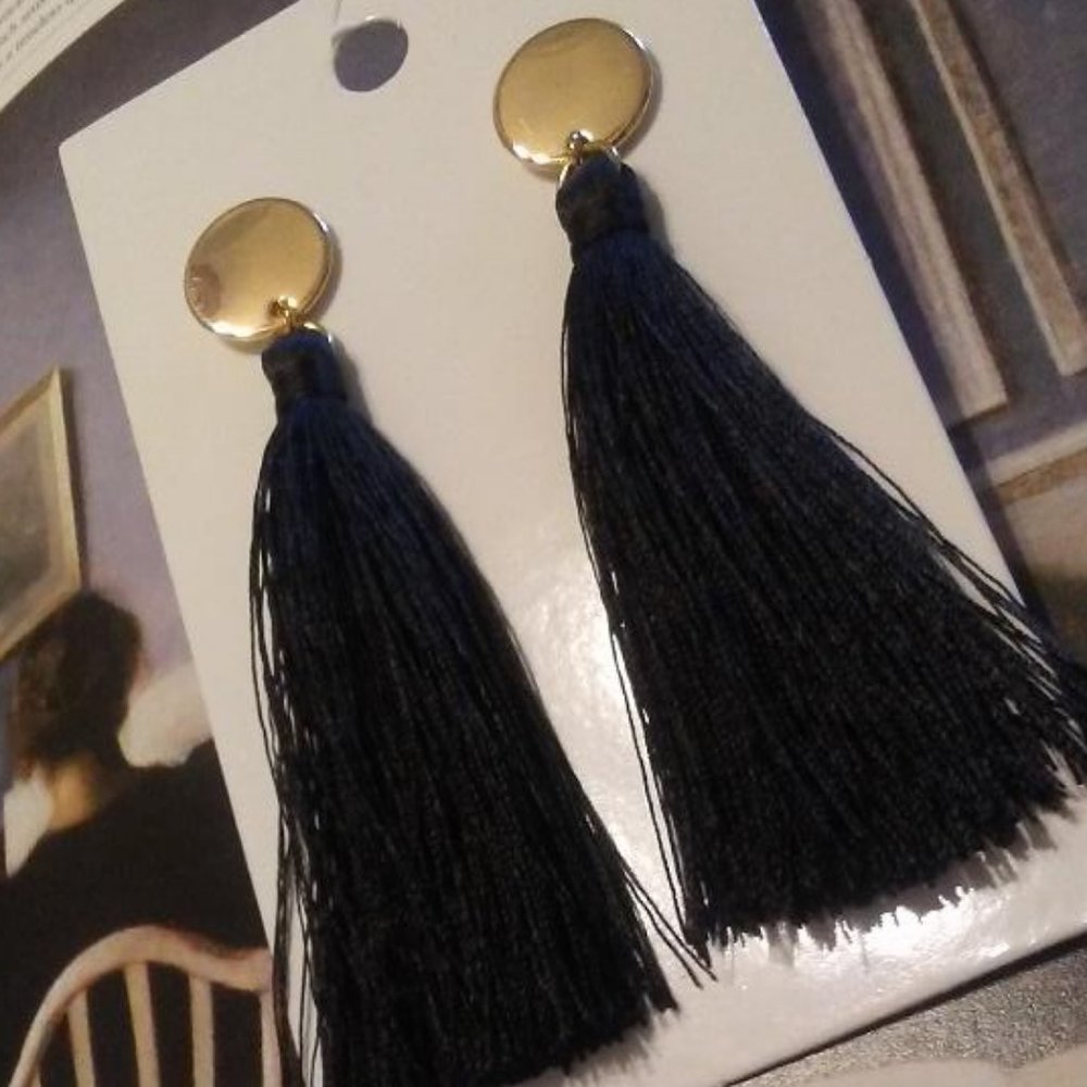 H & M Gold Tone Black Tassel Earrings